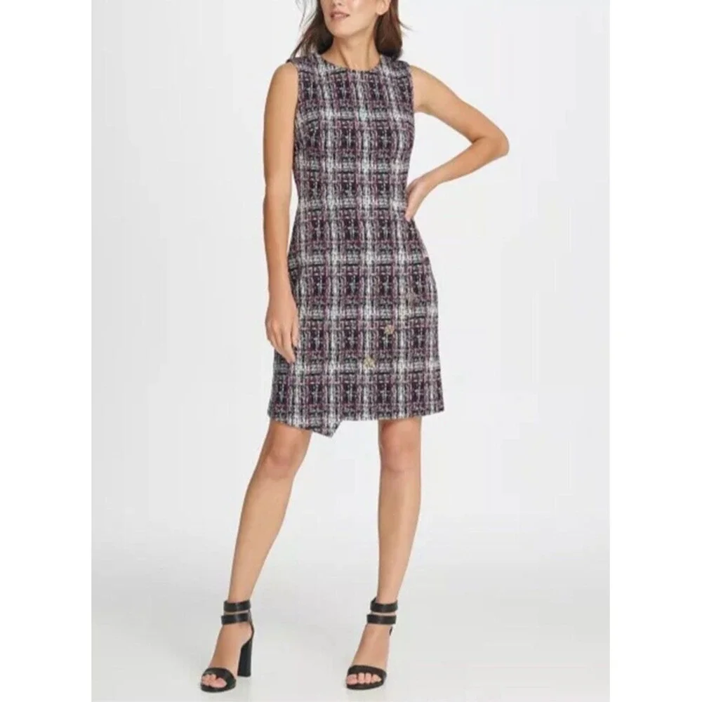 DKNY Women's Tweed Sheath Dress Jewel Neck Sleeveless Blue Black White Size 10 - Picture 1 of 12